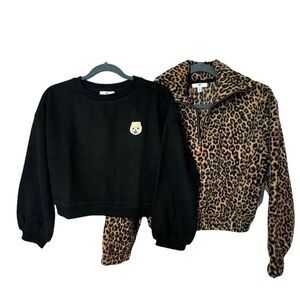 New Nordstrom Bundle Leopard Fleece& Doggy Crop Sweatshirt XS Black Tan
